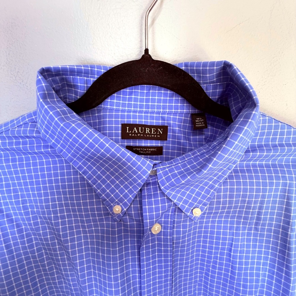 Lauren Ralph Lauren Blue White Windowpane Dress Shirt Stretch Tall‎ 18.5 36/37